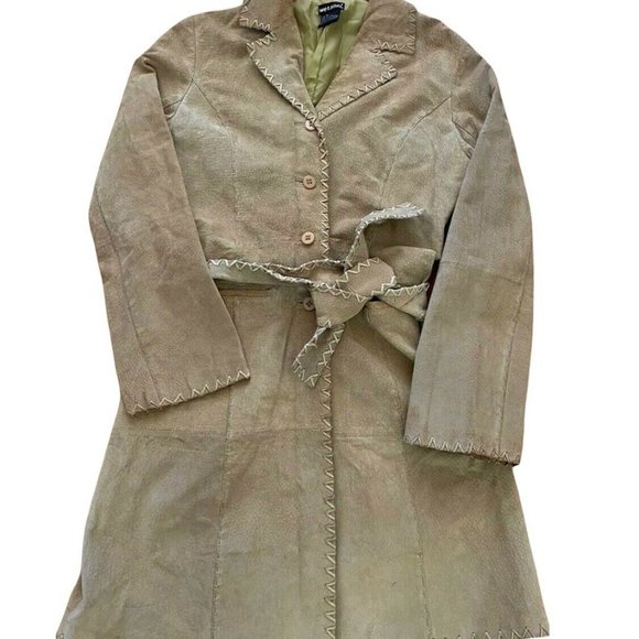 Vtg 90s Y2K Wet Seal Medium Trench Coat Jacket 100% Leather Suede Belted Tan - Picture 2 of 9